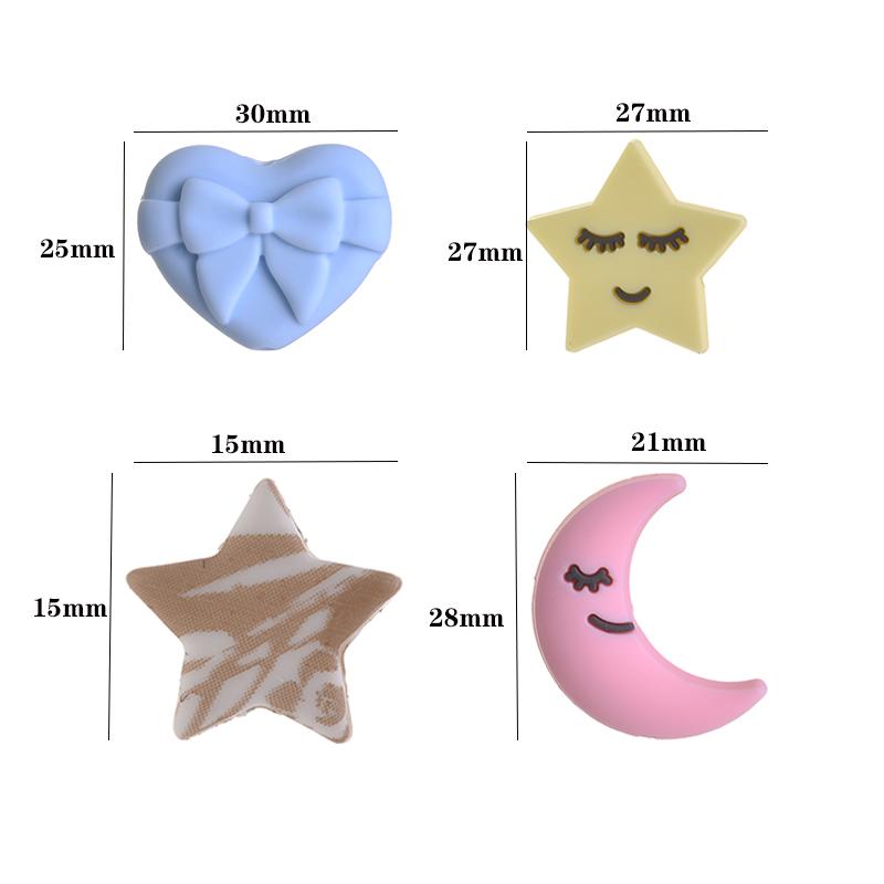 10 Stück Fünfzackiger Stern Herz Mond Silikonperlen Lebensmittelqualität Beißring DIY Schnullerkette Zubehör Baby Zahnen Spielzeug BPA Frei