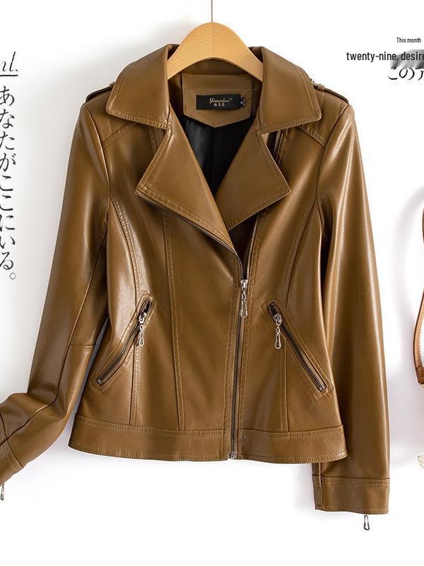 Giacca da Donna in Pelle di Agnello Slim Fit, Corta Taglia Comoda Stile Coreano, Cappotto Nero per Primavera & Autunno 2025