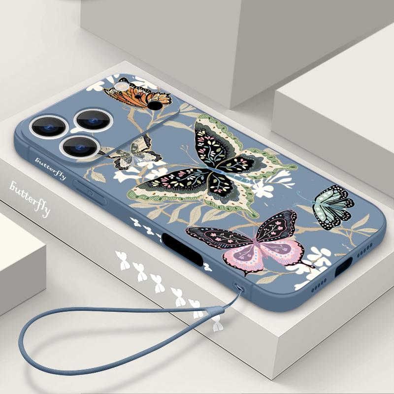 Fantastic Butterfly Print Lanyard Case For iPhone 17 Pro Max Funda iPhone 16 15 14 13 Pro Max 11 16E 17E Soft Silicone Cover