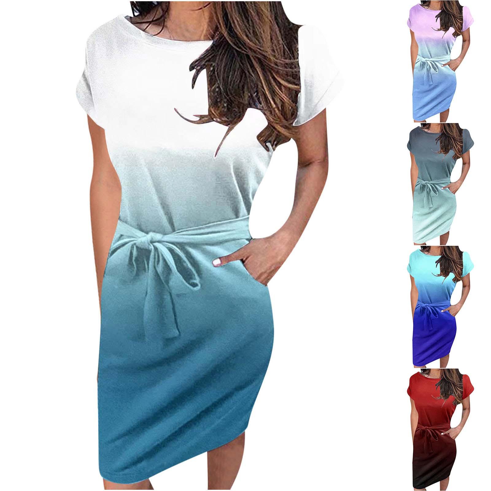 

Женское платье с короткими рукавами и круглым вырезом с градиентом талии