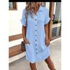 Casual solid color single-breasted medium and long short-sleeved loose casual dress women's clothing