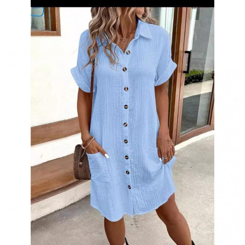 Casual solid color single-breasted medium and long short-sleeved loose casual dress women's clothing