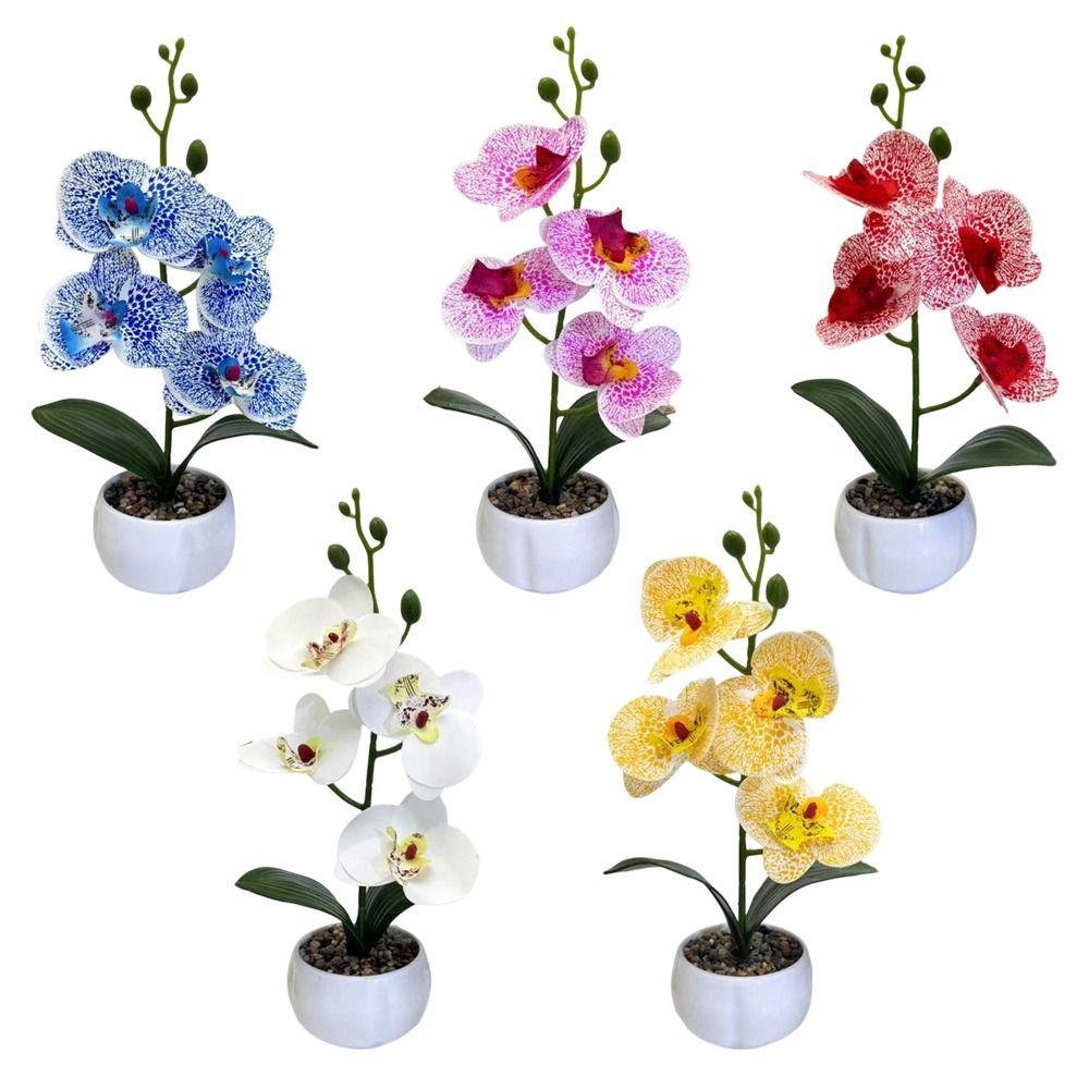 Multicolor Artificial Orchid Bonsai White Flowerpot Green Leaves Simulation Flower Potted Photo Props Accessories
