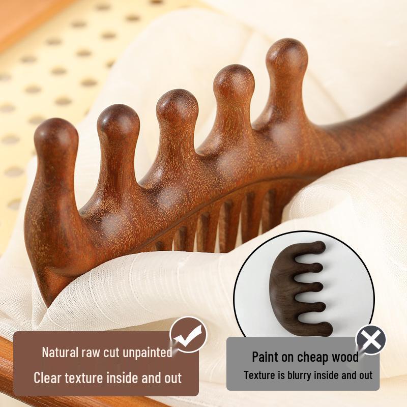 Gold Sandalwood Five-Tooth Meridian Comb for Scalp and Body Massage