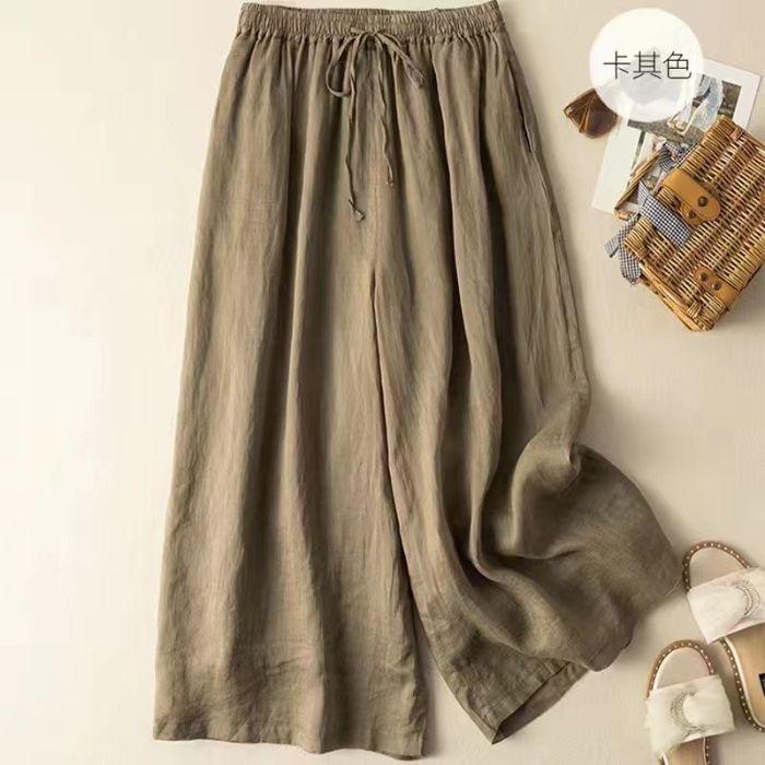 Cotton and Linen Wide-leg Pants Women Summer Retro Elastic Waist Ankle-Length Pants Lace-up Solid Versatile Loose Casual Pants
