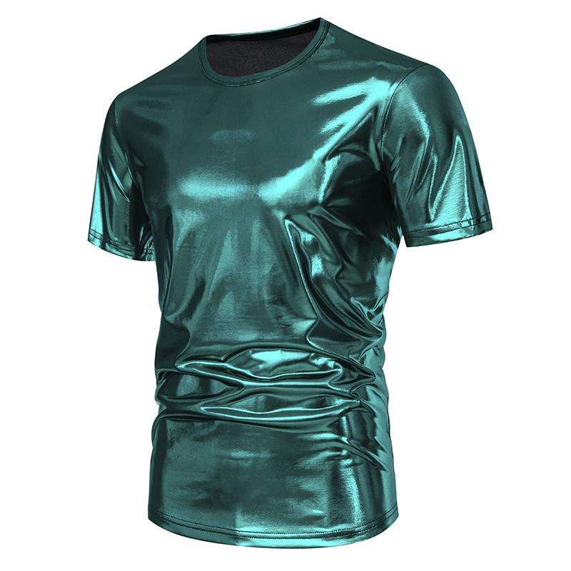 T-shirt da Uomo Lucida Metallica Estiva Casual Girocollo Manica Corta Top Magliette Nuova Moda Oro Costume di Scena Festa Disco Nightclub Tee