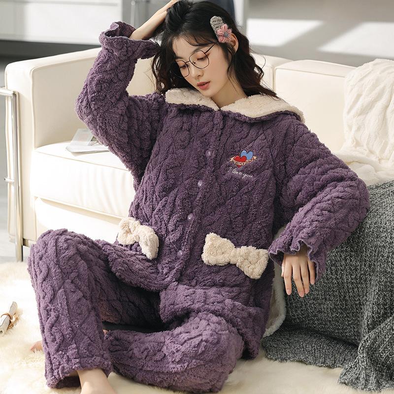 Coral Velvet Quilted Pajamas Women's Winter Three Layer Thick and Fleece Home Wear Women's Winter Flannel Thermal Set