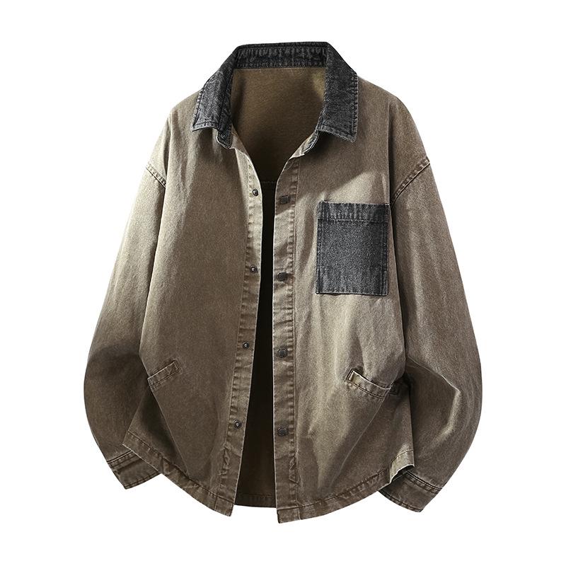Men's Spring 2026 Retro Washed Cotton Jacket with Patchwork Lapel - Casual Trendy Outerwear