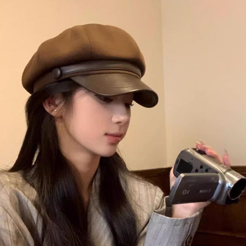 Novo Boina Octogonal Feminina 2025 – Preto, Ajuste para Cabeça Grande, Tendência Artística Outono/Inverno, Estilo Pintor de Rosto Pequeno