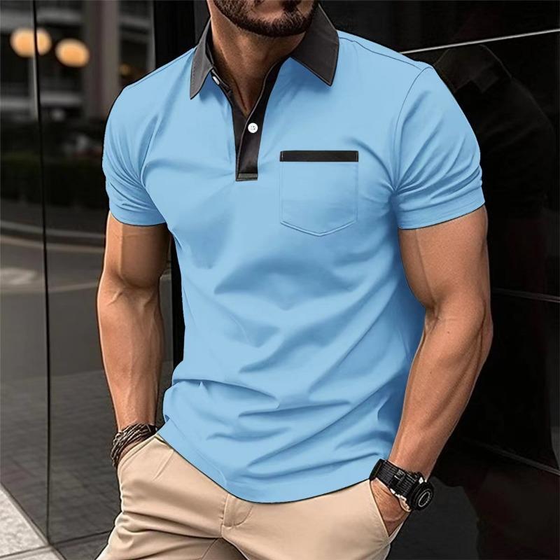 Men's Korean-Style Casual Lapel Fashion Slim-Fit Polo Shirt Pocket Patchwork Solid Color Short-Sleeve Top