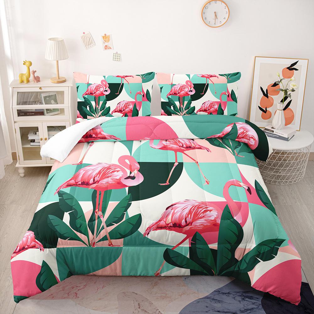 Cartoon Flamingo Duvet Cover Set, Tropical Leaves Comforter Cover Palm Tree Pattern Bedding Set, Colorful Polyester Quilt Cover