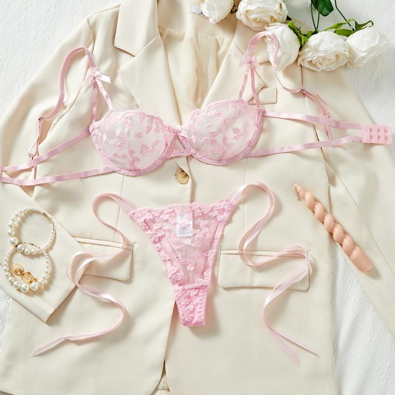 European and American Style Lace Embroidery Perspective Underwear Set, Sexy Straps Gather Bra, Thong, Fun Two-piece Set