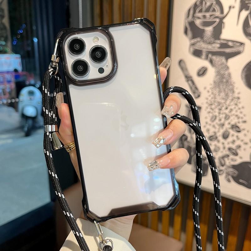 Lanyard Transparent Case For iPhone 15 Pro 14 13 12 11 Pro Max XR X XS Plus Crossbody Cord Four Corners Strap Shockproof Cover