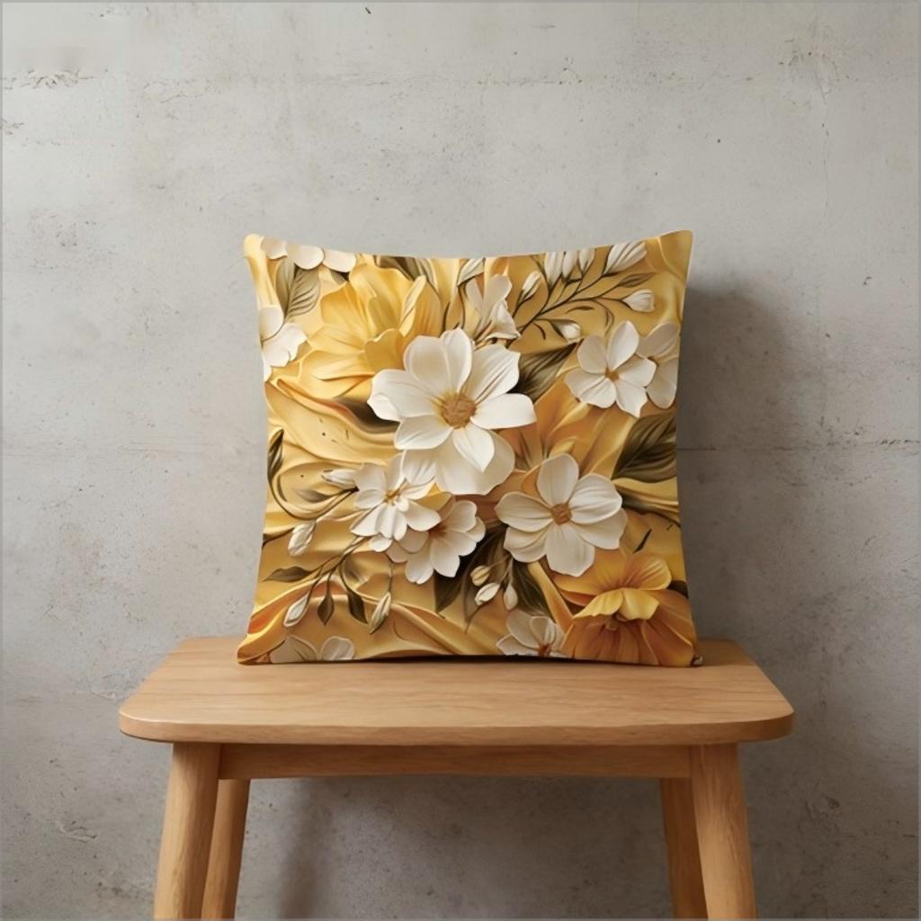 2D Luxury Golden White Flower Pillow Cover Elegant Floral Print Cushion Case For Sofa Couch Modern Boho Home Decor Gift
