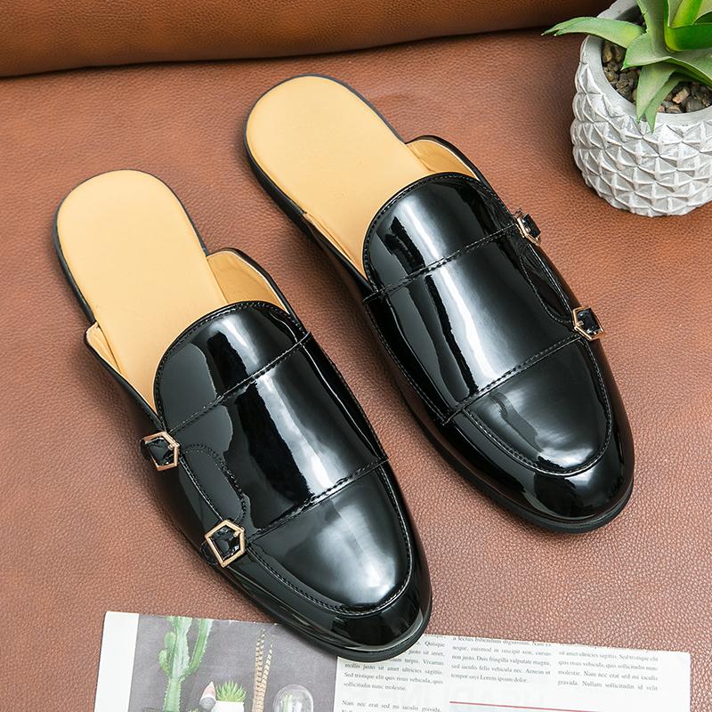 Fashion New Men's White Monk Strap Half Slippers Driving Shoes Casual Patent Leather Mules Moccasins Breathable Loafers Zapatos Hombre