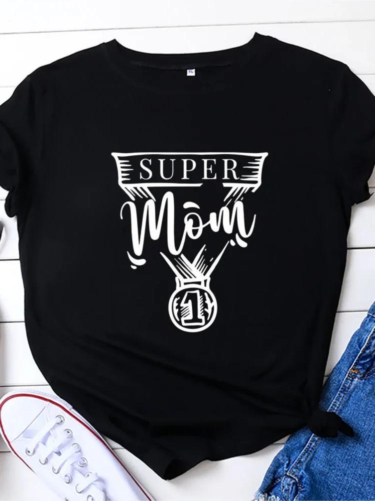 SUPER MOM NO.1 Print Women T Shirt Short Sleeve O Neck Loose Women Tshirt Ladies Tee Shirt Tops Clothes Camisetas Mujer