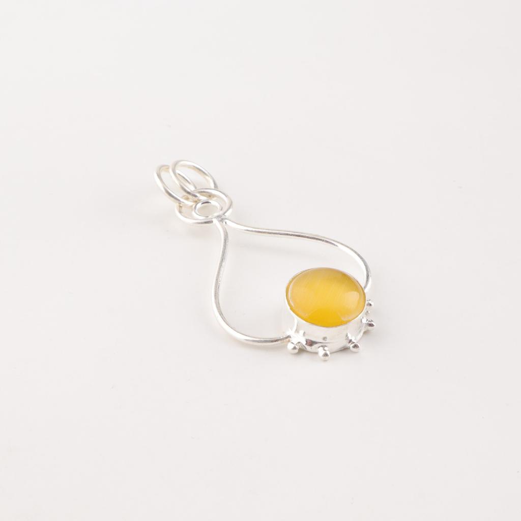 Natural Yellow Cat's Eye Gemstone 925 Solid Silver Jewelry Handcrafted Pendant PP-40-49