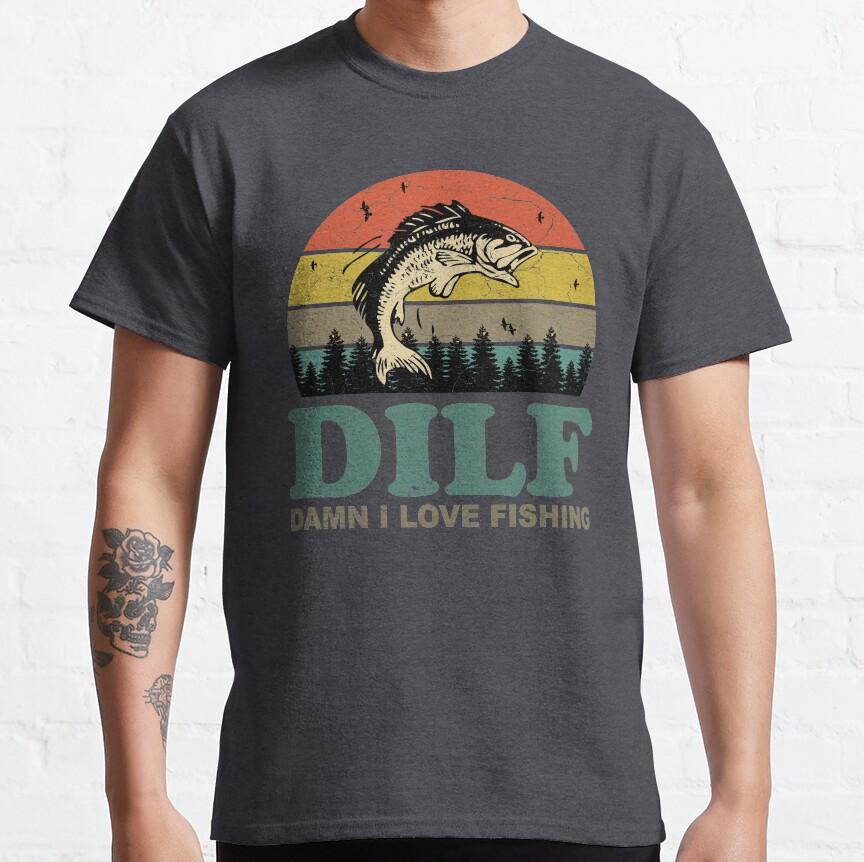 DILF Damn I Love Fishing Retro Vintage Sunset Funny Fishing Gift fishing humor Graphic T Shirts for fisherman large size