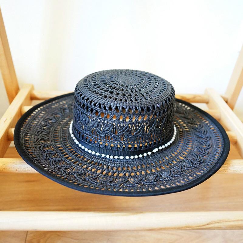 French Retro Elegant Hollow Woven Flat Top Top Hat Women'S Summer Sunshade Vacation Straw Hat Straw Hat Beach Japanese