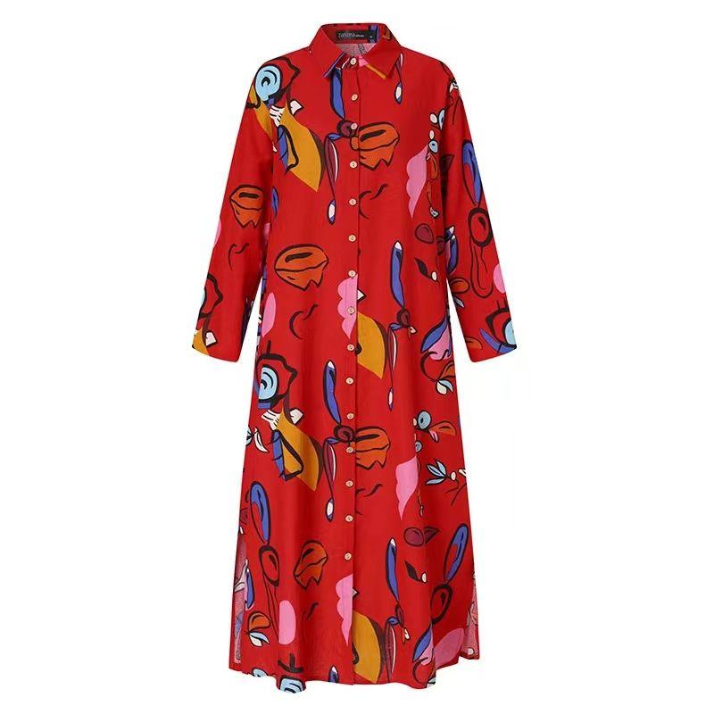 

Fashion Wind Printing Lapel Insert Bag Loose Cardigan Dress Printed Lapel Cardigan Dress Red 5XL