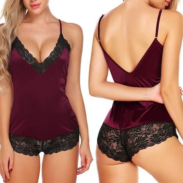 Spitze Damen Nachthemden Träger Body Rückenfreie Unterwäsche V-Ausschnitt Dessous Nachtwäsche Pyjamas