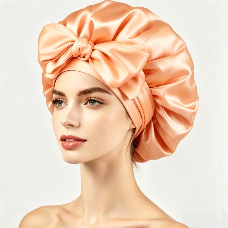 Silky Satin Sleep Cap with Tie-Up Ribbon for Women - Hair Care Hat