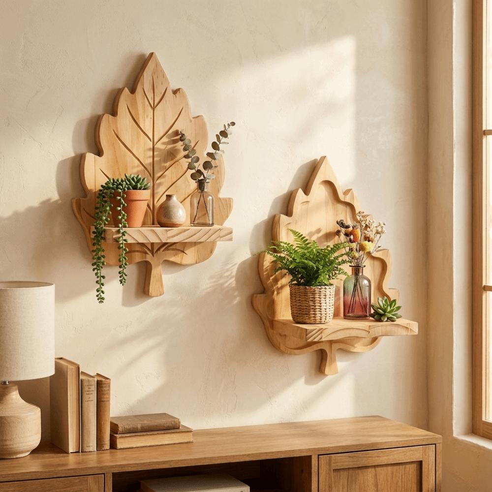 Nature Style Maple Leaf Wall Shelf Wooden Wall Mounted Leaf Shelf for Living Room