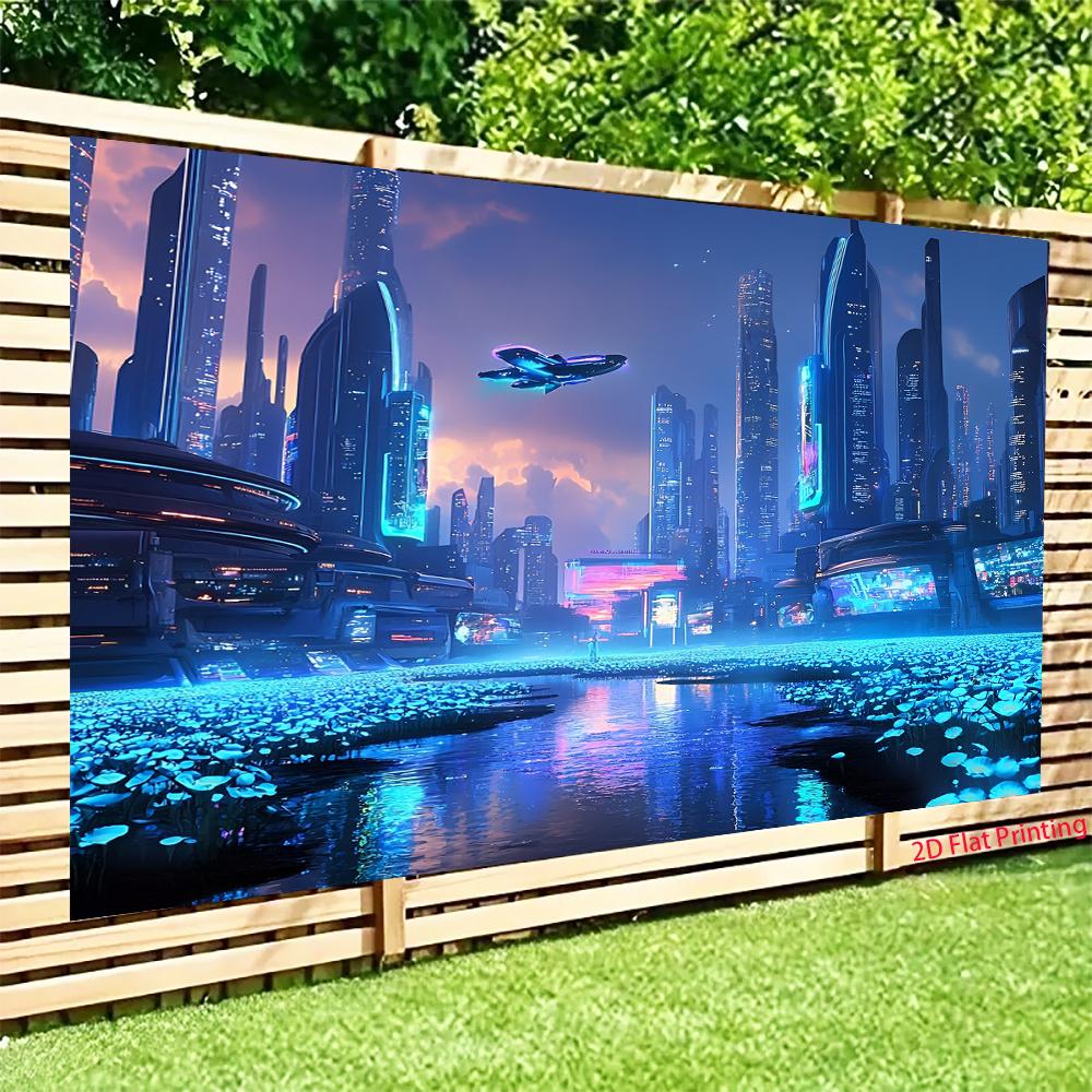 2D Plane Futuristic City At Night Suitable for Party Decoration or Room Design Polyester Fiber