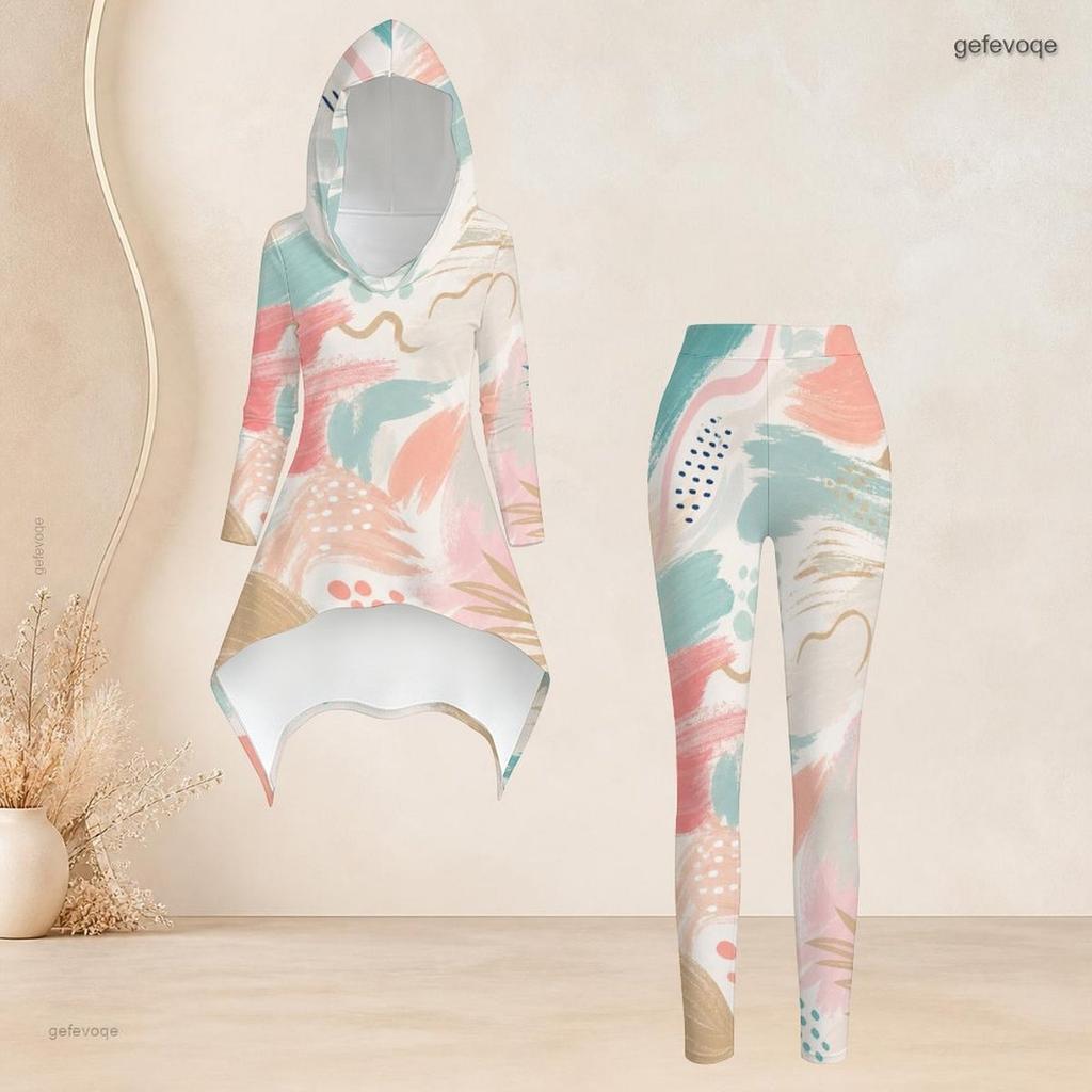 Women Plus Size Hooded Two Piece Set Long Sleeve High Low Printed Top And Fitted Pants