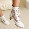 Fashion Women Victorian Ankle Boots Leather Lace Hollow Mesh Heel Shoes for women Fashion Lace-up Spliced Ladies High Heels Woman Boots