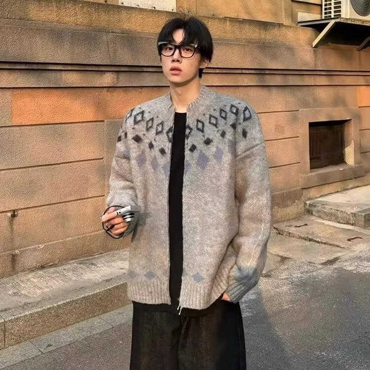 Мужской зимний винтажный кардиган-свитер Fair Isle с серым воротником-стойкой M серый