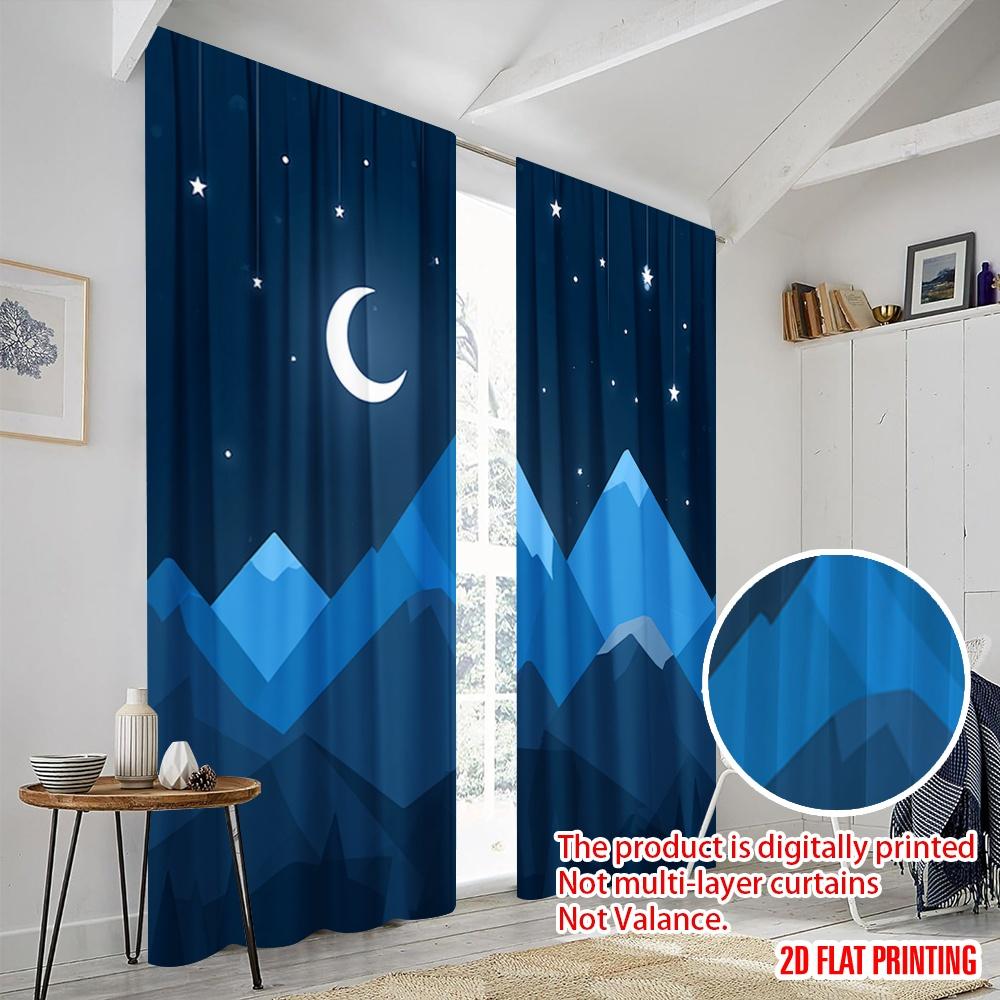 2pcs,2D Plane Printing Curtains&Window Treatment Crescent Moon Over Mountains Versatile Polyester Fabric (without Rod)