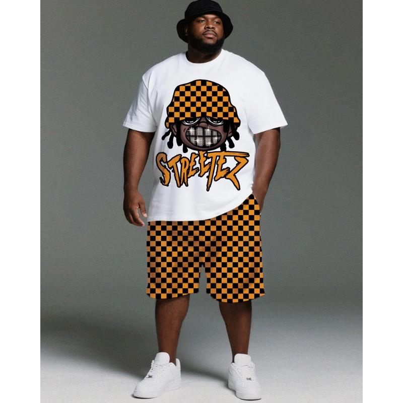 S-9XL Large Size Men s Casual Suit - Hip-Hop Cartoon Street Character Checkerboard Print Short Sleeve T Shirt and Shorts Two Pie S