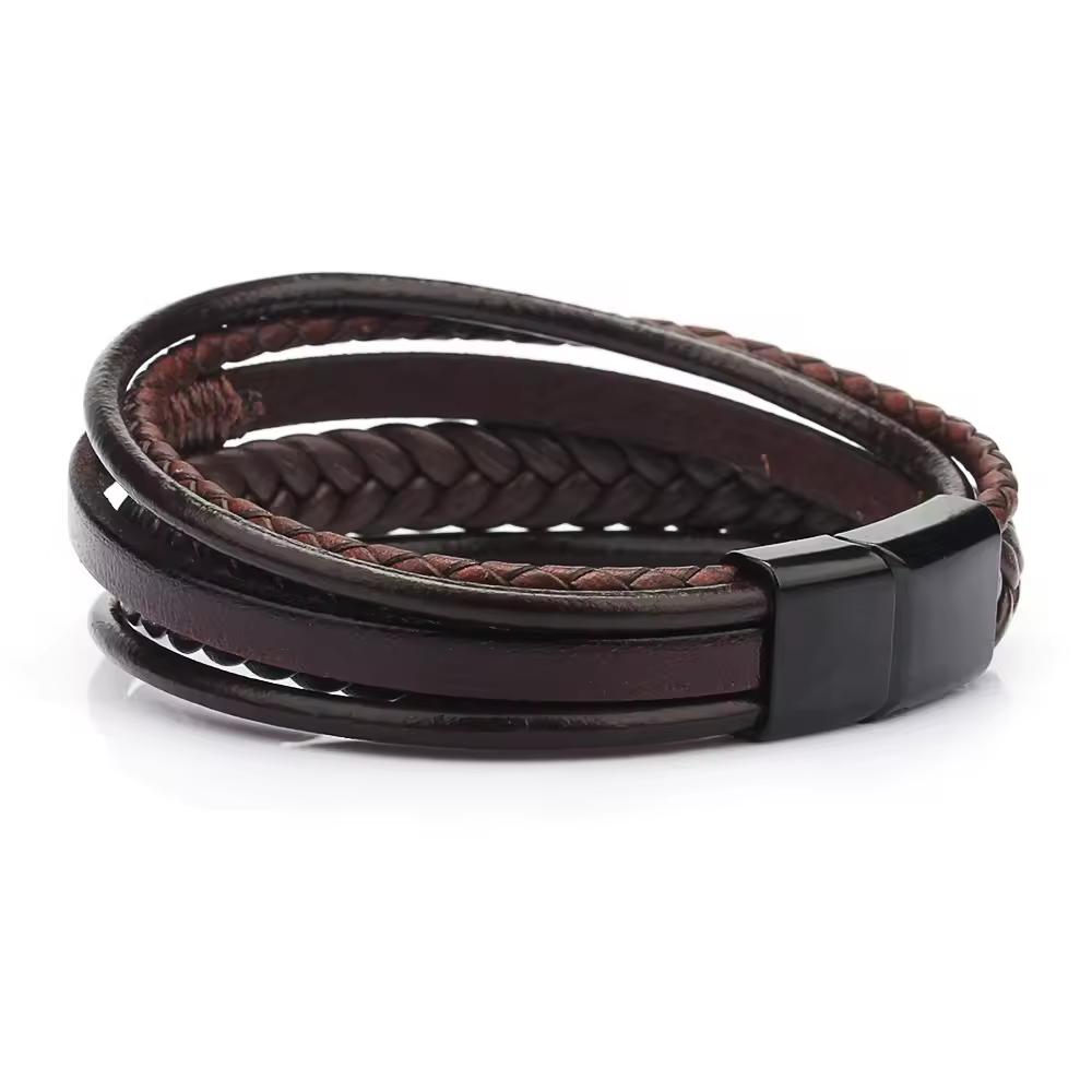 Pulseras Para Hombre Men Multi Layer Magnetic Clasp Custom Leather Wristband Braided Bracelets