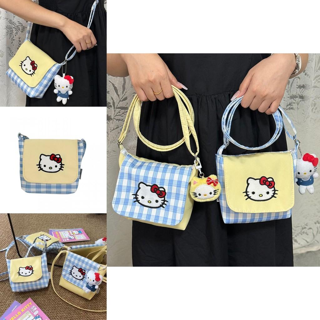 Hello Kitty Fashion Crossbody Bag With Plaid Pattern And Nylon Material For Women