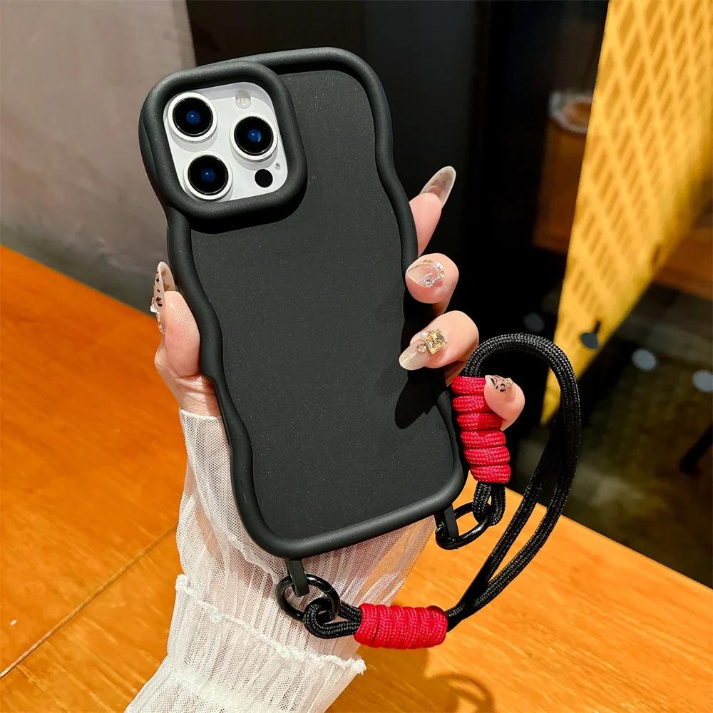 Candy Color Silicone Soft Phone Case with Wrist Strap For iPhone 16 Pro Max 15 14 13 Wave Edge Frame Protective Cover