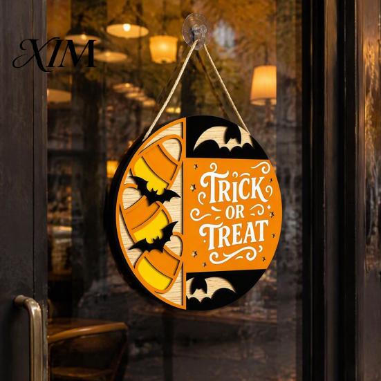 Indoor Outdoor Decor Halloween Trick or Treat Wooden Door Sign, Retro Round Bat Silhouette Decorative Hanger Hanging Plaque for Home Front