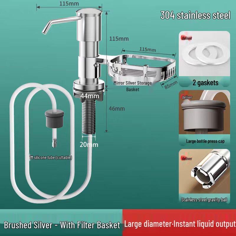 304 Stainless Steel Soap Dispenser with Press Pump for Dishwashing and Vegetable Washing Basin
