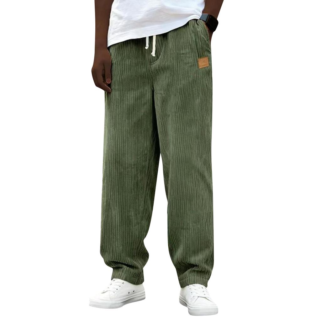 Men Loose Fit Drawstring Waist Corduroy Trousers Casual Straight Leg Pants with Pockets for Everyday Wear