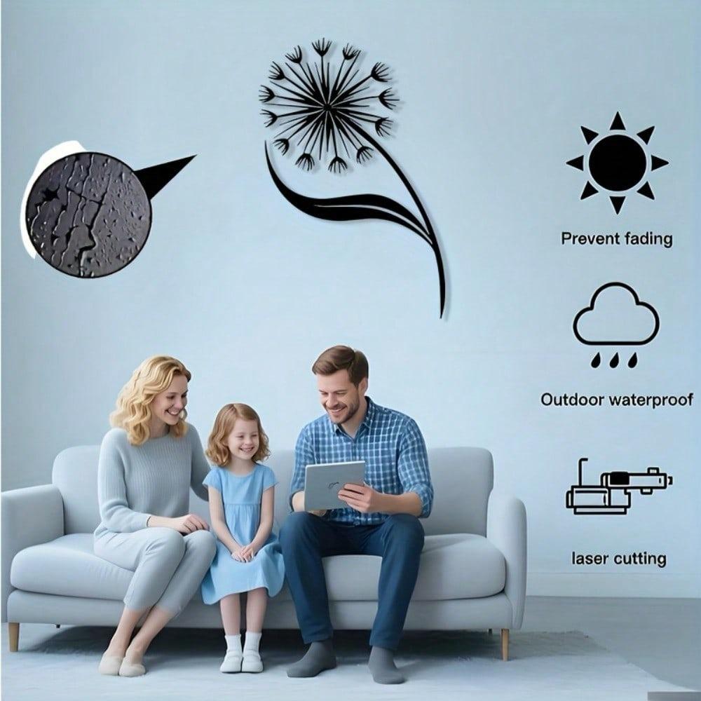 Metal Dandelion Wall Art 2D Black Iron Decor Wind Blown Seed Design for Indoor Outdoor Living Room Bedroom Garden Easy Installation
