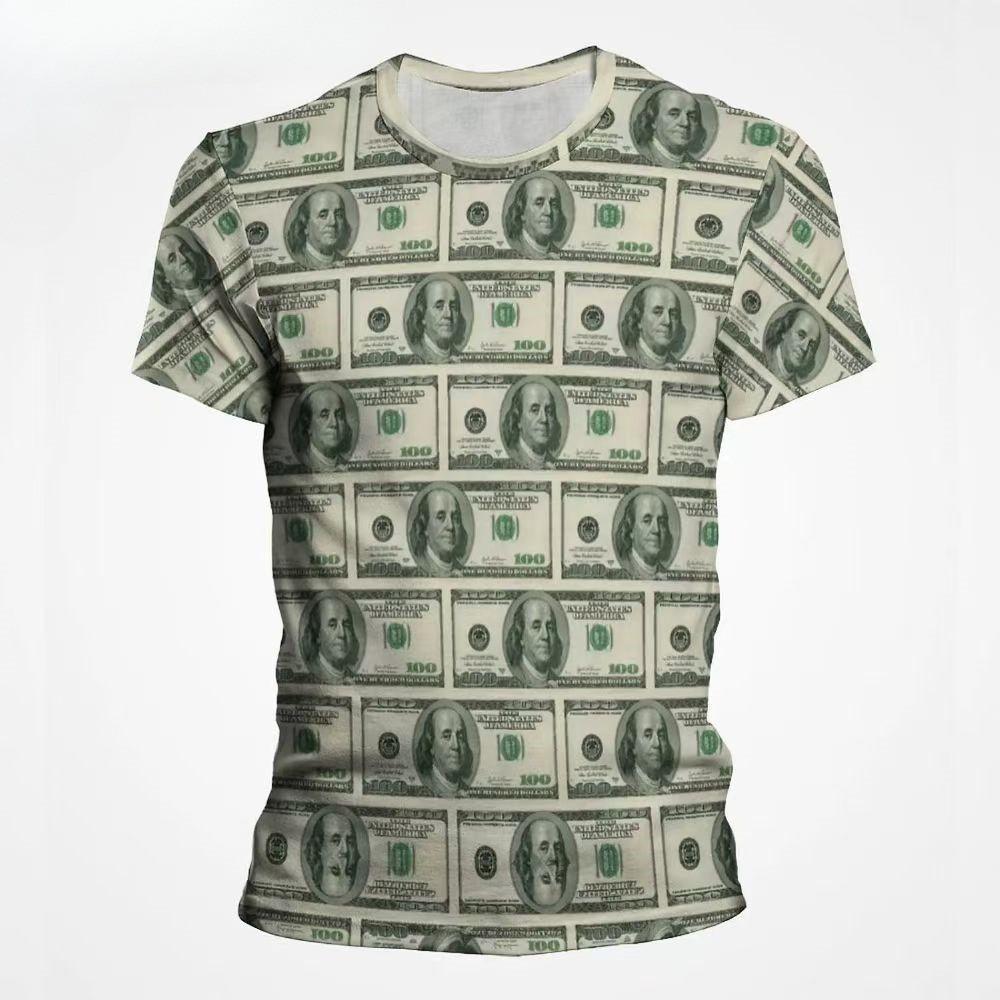 Summer Men's Round Neck Short Sleeved T-shirt Comfortable Fashionable Breathable Sweat Absorbing Money Pattern 3D Printed Loose Large T-shirt