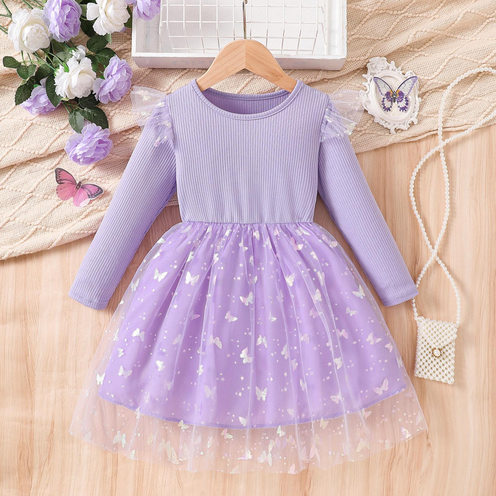 Девочковое фиолетовое сетчатое платье с длинным рукавом Весна/Осень Детская мода Длинное платье-принцесса 100cm【3-4】