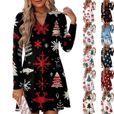 Women's Christmas Printed Dress Loose V-neck Casual Long Sleeved Dress