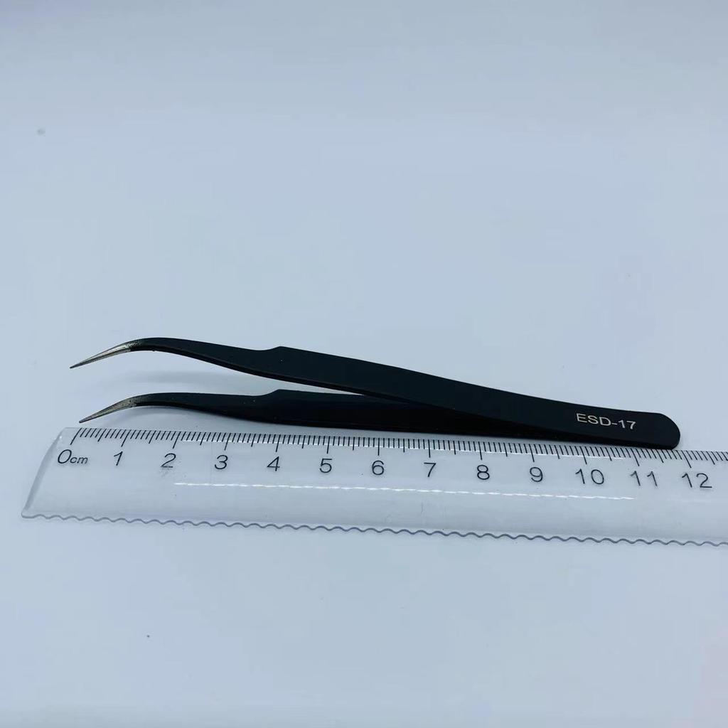 Black ESD Anti-Static Stainless Steel Tweezers Set with Bent Tip for Industrial Repair