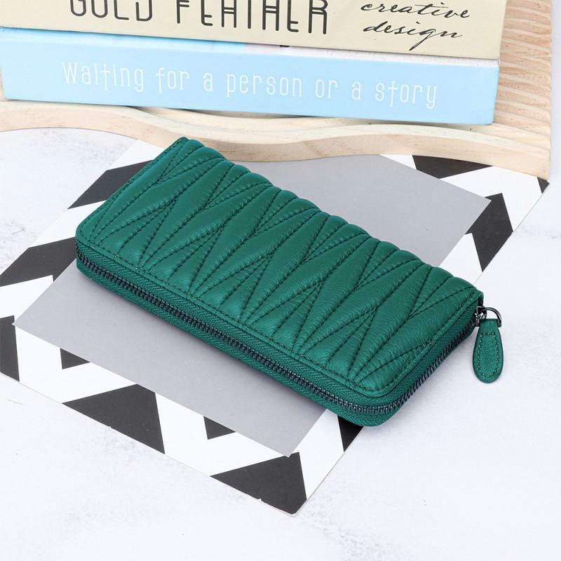 Sheepskin Embroidered Wrinkled Long Wallet Women Large Capacity Multi-slot Hand-held Zipper Bag