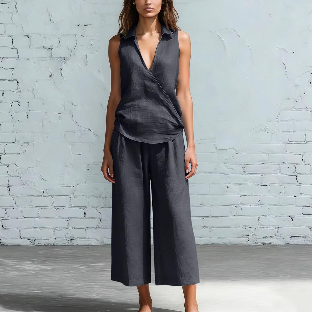 Women's Fashion Sleeveless Loose Minimalist Cotton-Linen Casual Two-Piece Set