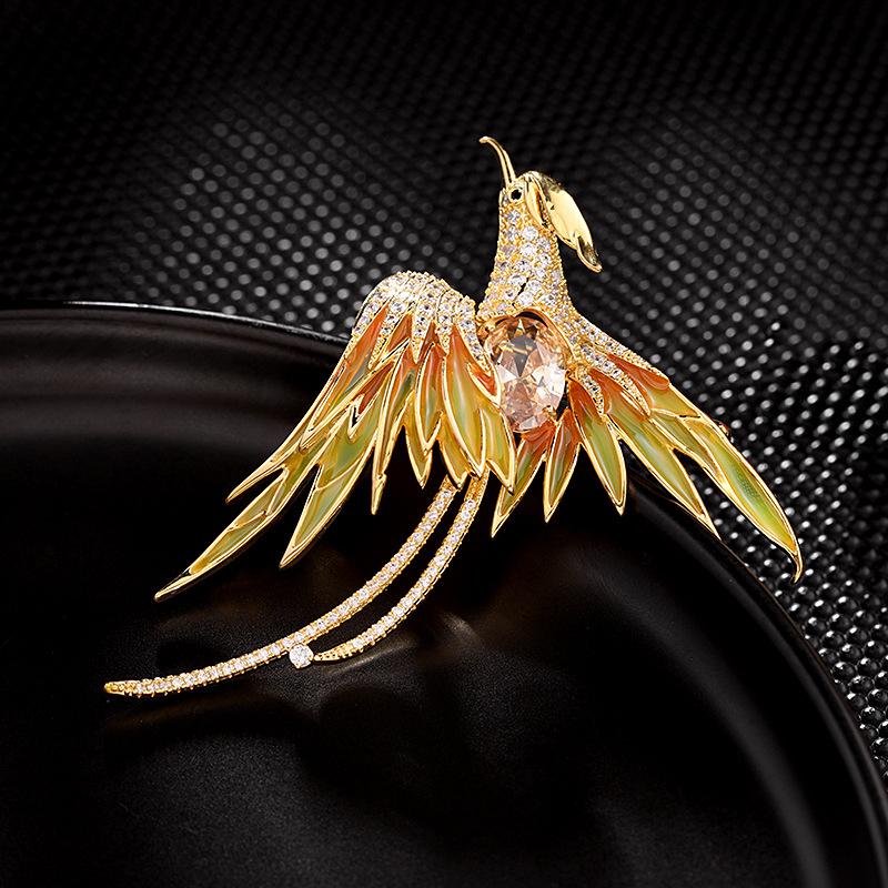 Luxury Copper Micro Inlaid Cubic Zirconia Chinese Style Phoenix Brooch Suit Clothing Accessories
