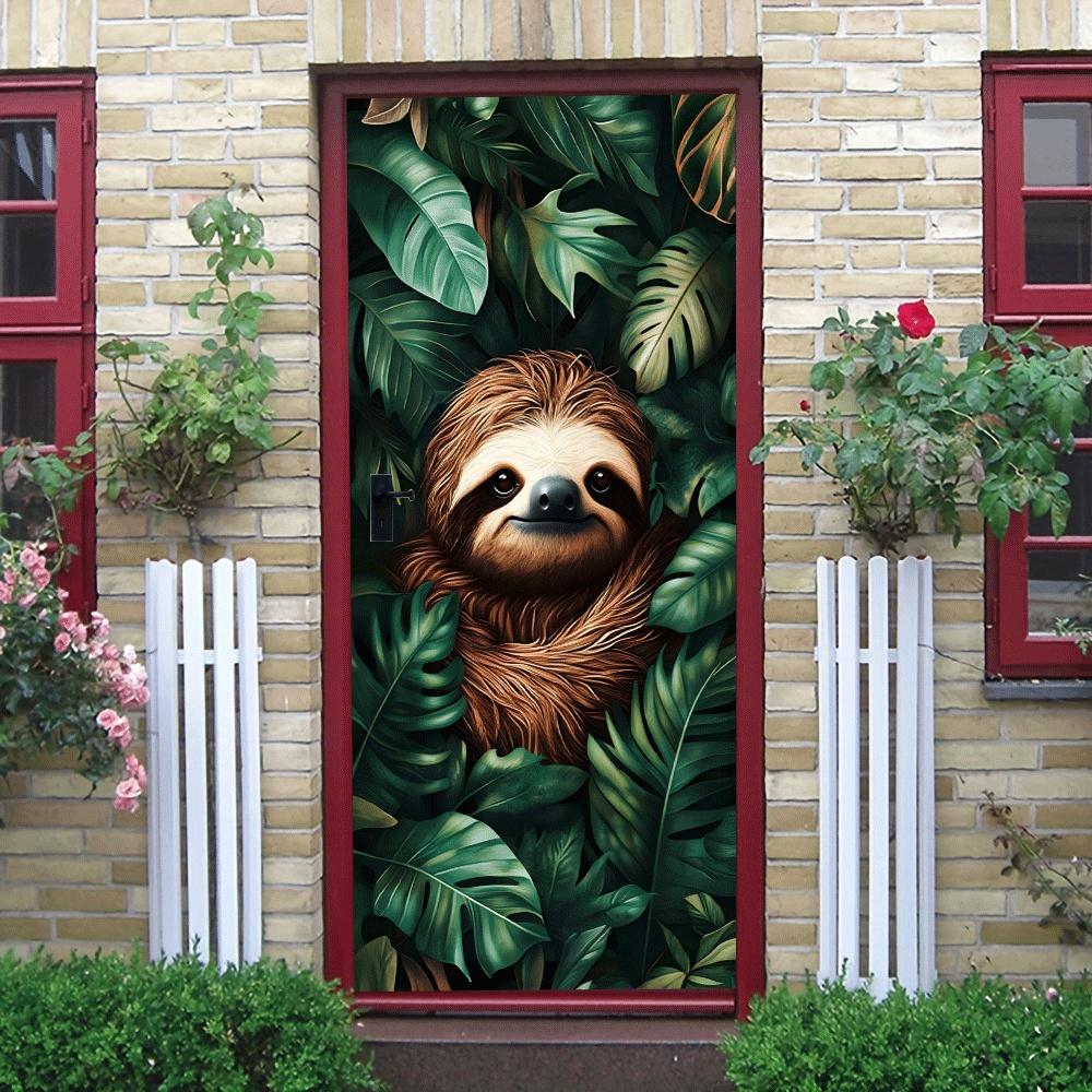 2pcs Cute Sloth and Tropical Green Plant Wall Stickers Bedroom Living Room Entrance Wall Decoration Stickers Home Decoration Chi