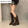 Vintage Leopard Print Women Western Cowgirl Boots Fashion Slip On Long Booties Ladies Elegant Thick Heels Botas Mujer