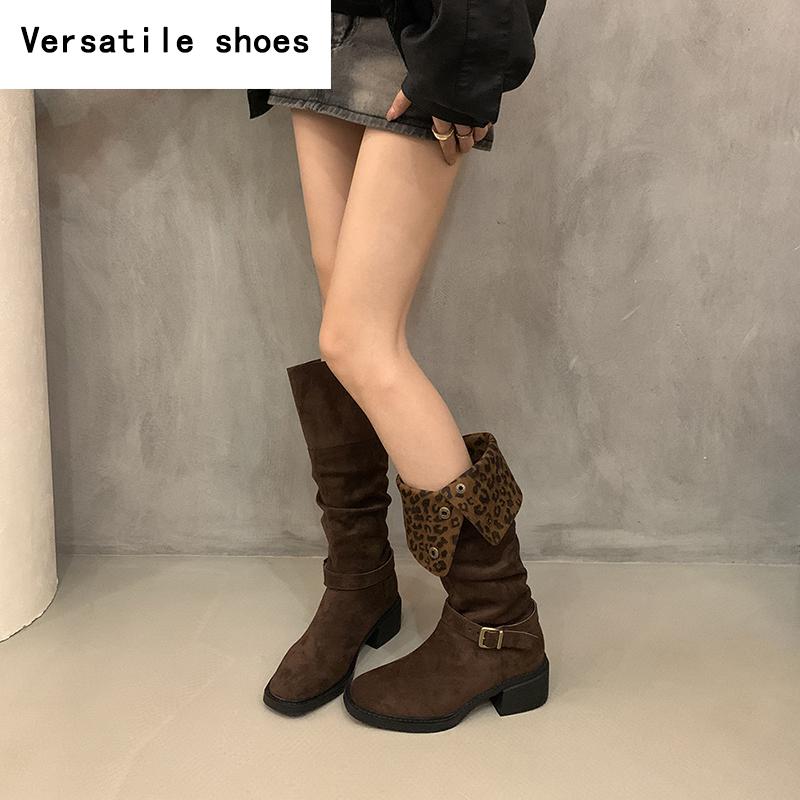 Vintage Leopard Print Women Western Cowgirl Boots Fashion Slip On Long Booties Ladies Elegant Thick Heels Botas Mujer
